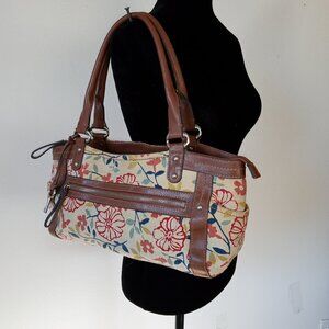 Vintage FOSSIL Genuine Classic 1954 Floral Canvas and Tan Leather Baguette